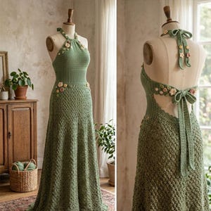 Puede incluir: Vestido halter de ganchillo verde oliva hecho a mano con detalles florales. El vestido presenta un corpiño ajustado, una falda fluida y un cuello halter atado con un lazo. La espalda es abierta y el vestido se exhibe en un maniquí.