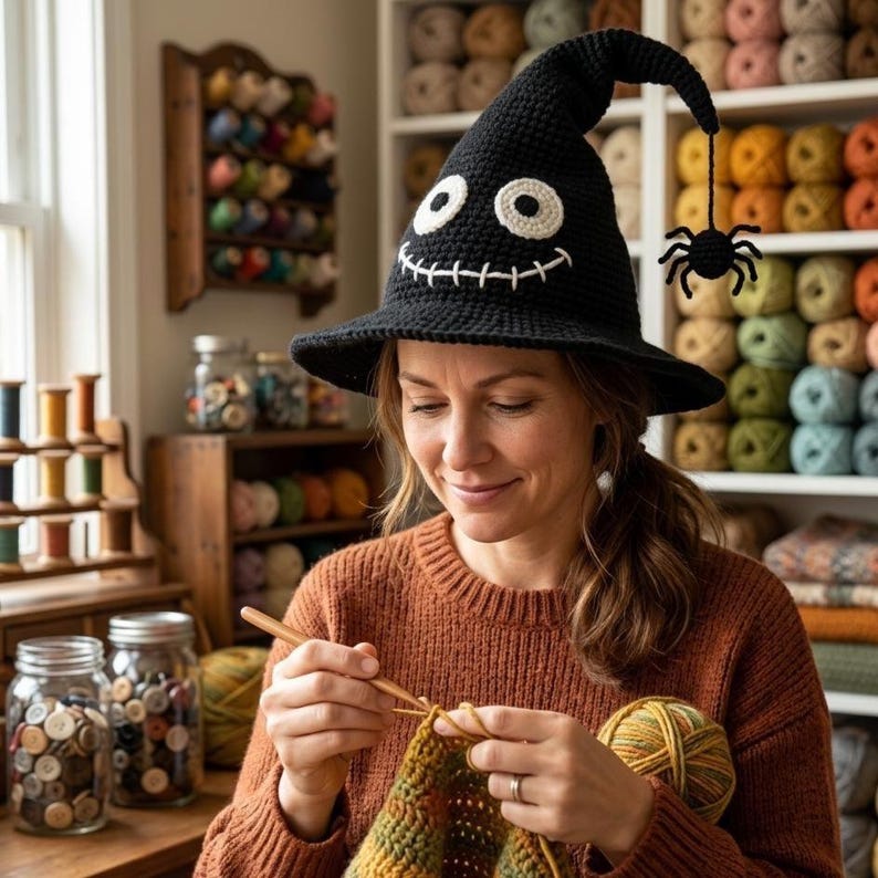 Puede incluir: Un sombrero de bruja de ganchillo negro con dos grandes ojos circulares blancos y una boca blanca cosida. Una peque&ntilde;a ara&ntilde;a de ganchillo negra cuelga de la punta del sombrero por un hilo fino. El sombrero lo lleva una persona con un su&eacute;ter color &oacute;xido.