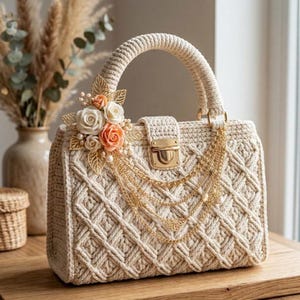 Puede incluir: Bolso de mano de crochet color crema con asa trenzada y cierre dorado. El bolso presenta un patrón de diamantes y está adornado con cadenas doradas, perlas de imitación y adornos florales. Un accesorio decorativo para cualquier atuendo.