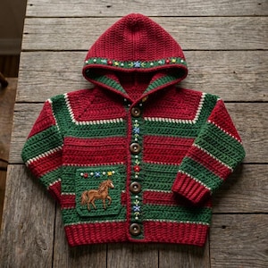 May include: A red and green striped hooded cardigan featuring a crochet texture, long sleeves, and a front button closure. The garment is decorated with small embroidered floral patterns along the hood and placket, and a brown horse motif on the pocket.