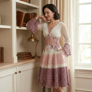 Op de afbeelding: Een gehaakte jurk in wit, roze en mauve. De jurk heeft een V-hals, lange mouwen met uitlopende manchetten en een bloemenontwerp in de taille. De rok is gestreept en de jurk heeft een veterdetail bij het lijfje.