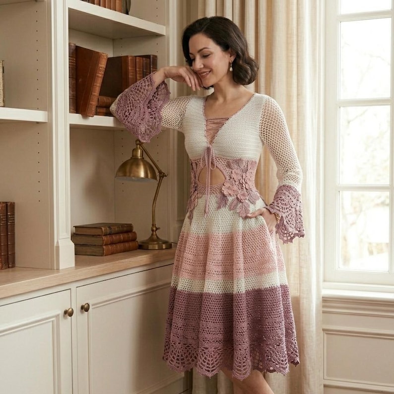 Op de afbeelding: Een gehaakte jurk in wit, roze en mauve. De jurk heeft een V-hals, lange mouwen met uitlopende manchetten en een bloemenontwerp in de taille. De rok is gestreept en de jurk heeft een veterdetail bij het lijfje.