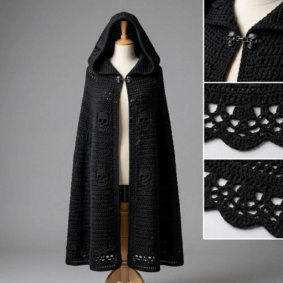 34 Goth Crochet Patterns for Dark, Witchy, and Alternative Makes 4 Gothic Skull Hooded Cloak Crochet Pattern Halloween Cloak