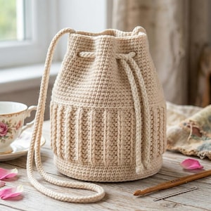 Puede incluir: Un bolso tipo cubo de ganchillo en color beige con un patrón de canalé texturizado en la parte inferior y una parte superior lisa. El bolso incluye una correa larga para el hombro y un cierre de cordón a juego, con un ganchillo de madera cerca.