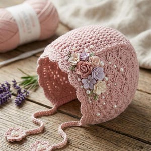 Puede incluir: Un gorro de ganchillo rosa claro con adornos florales y detalles de perlas. El gorro presenta un borde festoneado y lazos con extremos en forma de flor. Una madeja de hilo rosa claro es visible en el fondo.