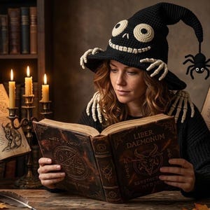 Puede incluir: Un sombrero de bruja de ganchillo negro con una cara de calavera de color crema con grandes ojos circulares y una amplia sonrisa, acentuado por motivos de manos esquel&eacute;ticas de color crema en el ala y una peque&ntilde;a ara&ntilde;a negra colgando de la punta.