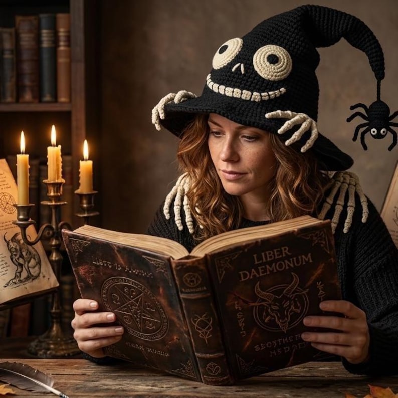 Puede incluir: Un sombrero de bruja de ganchillo negro con una cara de calavera de color crema con grandes ojos circulares y una amplia sonrisa, acentuado por motivos de manos esquel&eacute;ticas de color crema en el ala y una peque&ntilde;a ara&ntilde;a negra colgando de la punta.