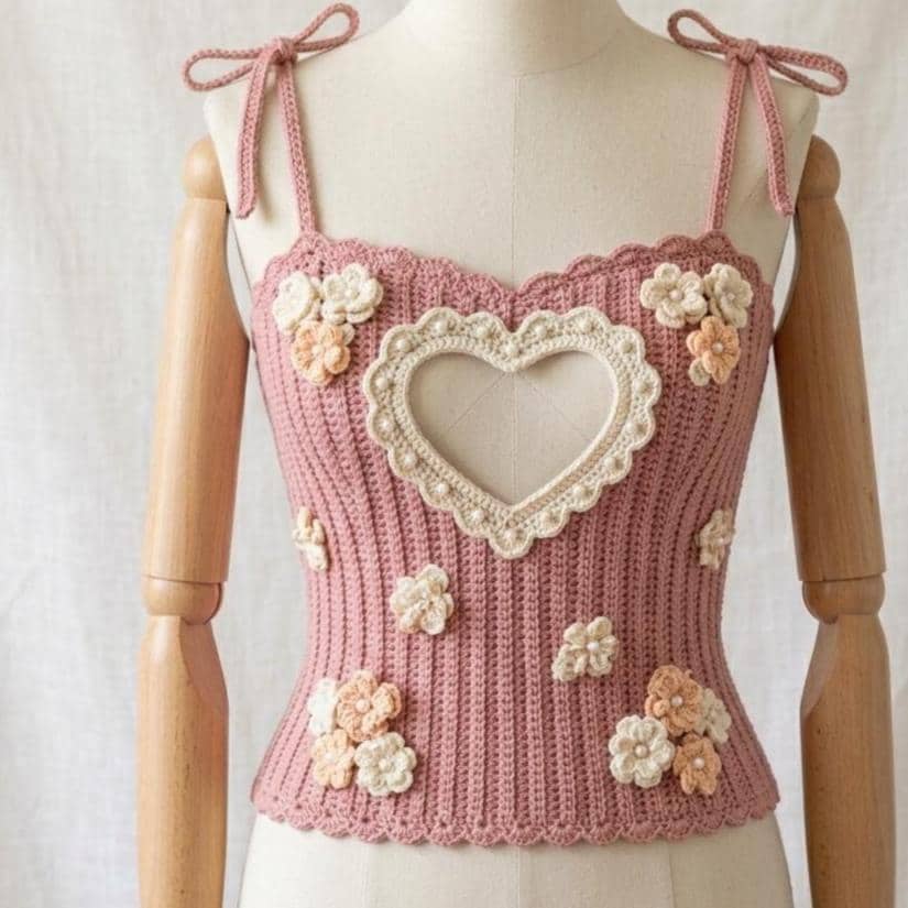 28 Crochet Corset Tops with Granny Squares, Bralettes, and Modesty Panels 15 Crochet Heart Corset Top