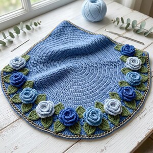 May include: A blue crocheted doily with a floral design. The doily features a circular pattern with a border of crocheted roses in shades of blue and green leaves. A ball of blue yarn sits nearby.