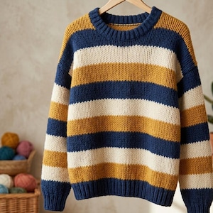 May include: A long-sleeve knit sweater featuring horizontal stripes in navy blue, mustard yellow, and cream. The garment has a ribbed crew neckline, ribbed cuffs, and a ribbed hem, constructed with a chunky yarn texture throughout the body.