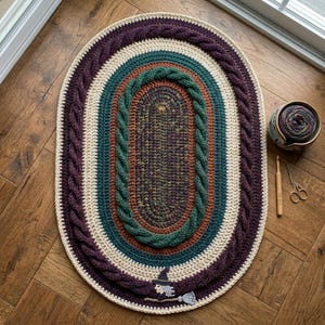 May include: An oval crochet rug featuring concentric bands of purple, cream, teal, and rust yarn with a braided texture border. A small crocheted witch on a broomstick is appliqued at the bottom. A yarn bowl, crochet hook, and scissors are nearby.