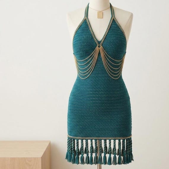 Crochet Halter Dress Pattern, Chain Detail Mini Dress Crochet PDF, Boho Fringe Dress Tutorial, Adjustable Women’s Crochet Dress