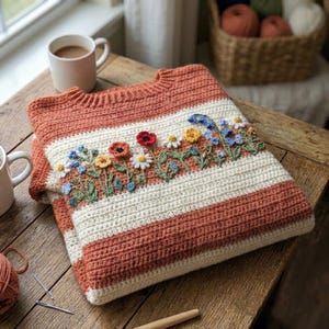 May include: A long-sleeve sweater featuring alternating horizontal stripes of terracotta orange and cream yarn. The center cream stripe is decorated with a detailed, raised crochet floral pattern including red, yellow, white, and blue flowers.