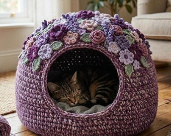 Patrón de ganchillo PDF para cueva de gato Blossom Dome, cama floral para gatos, cueva para mascotas robusta, casa de gato estilo cottagecore, capullo de gato con flores en 3D