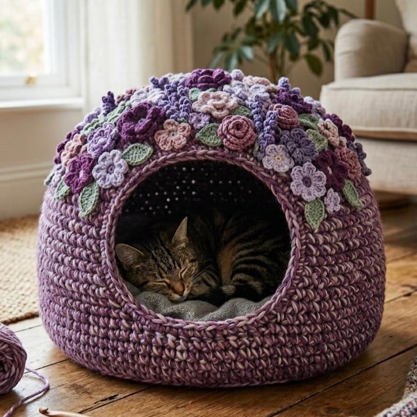 Blossom Dome Cat Cave Crochet Pattern PDF, Floral Cat Bed, Chunky Pet Cave, Cottage-core Cat House, 3D Flower Cat Cocoon