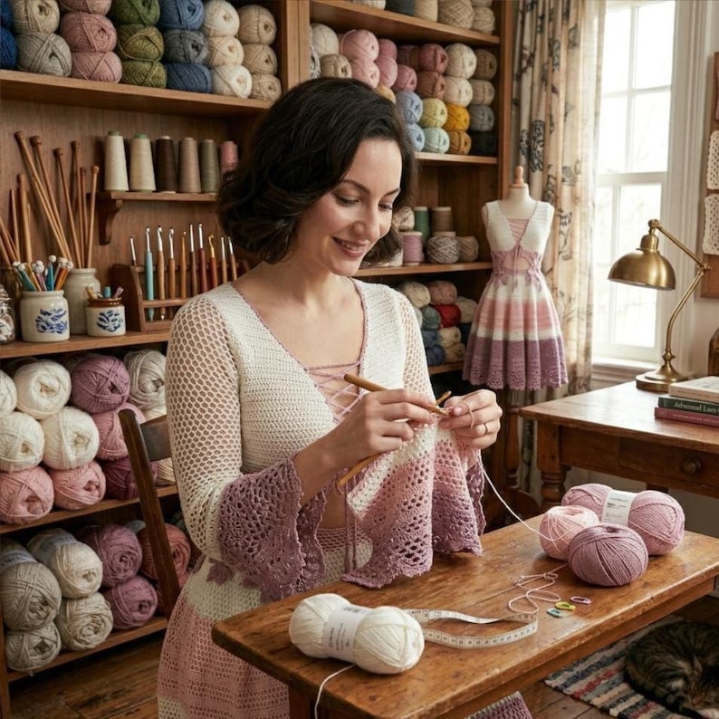 Op de afbeelding: Een vrouw haakt een roze en wit kledingstuk met een houten haaknaald. De kamer heeft planken vol garen in verschillende kleuren, een paspop en een vintage lamp. De vrouw draagt een witte en roze haakjurk.