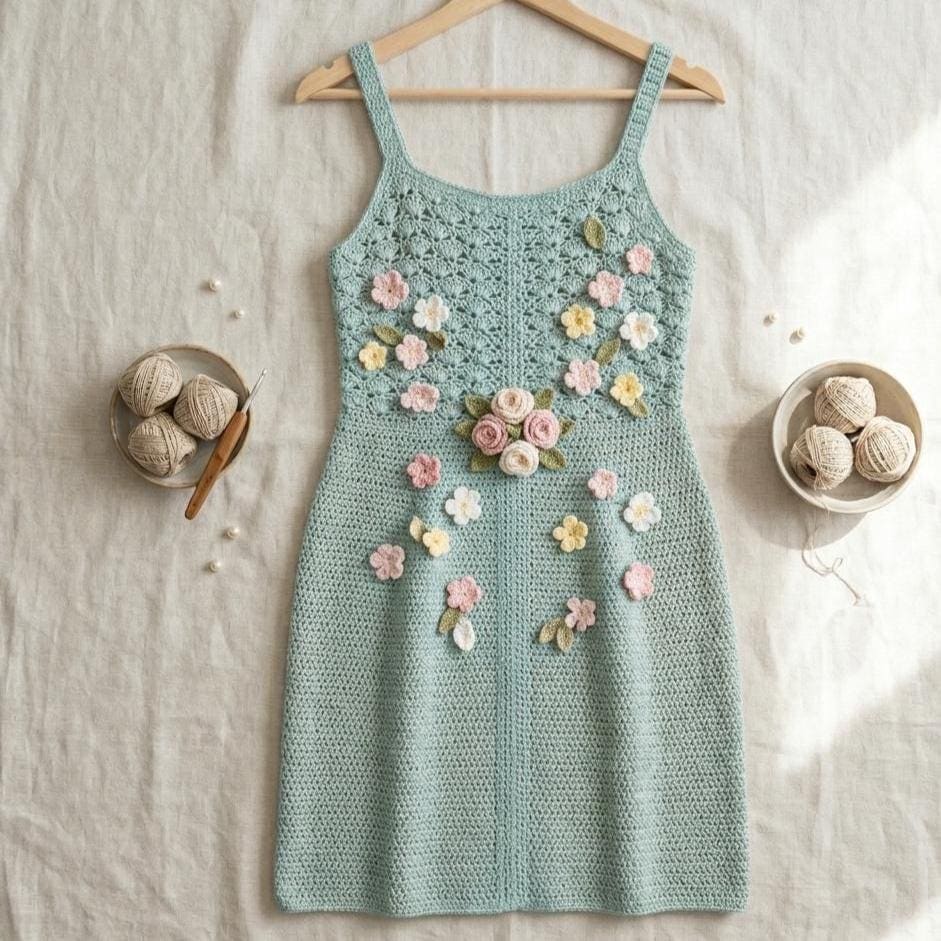 40 Crochet Summer Clothes with Tops, Dresses, Shorts, and Shrugs 23 Sage Blossom Crochet Dress Cottage-core Floral Crochet