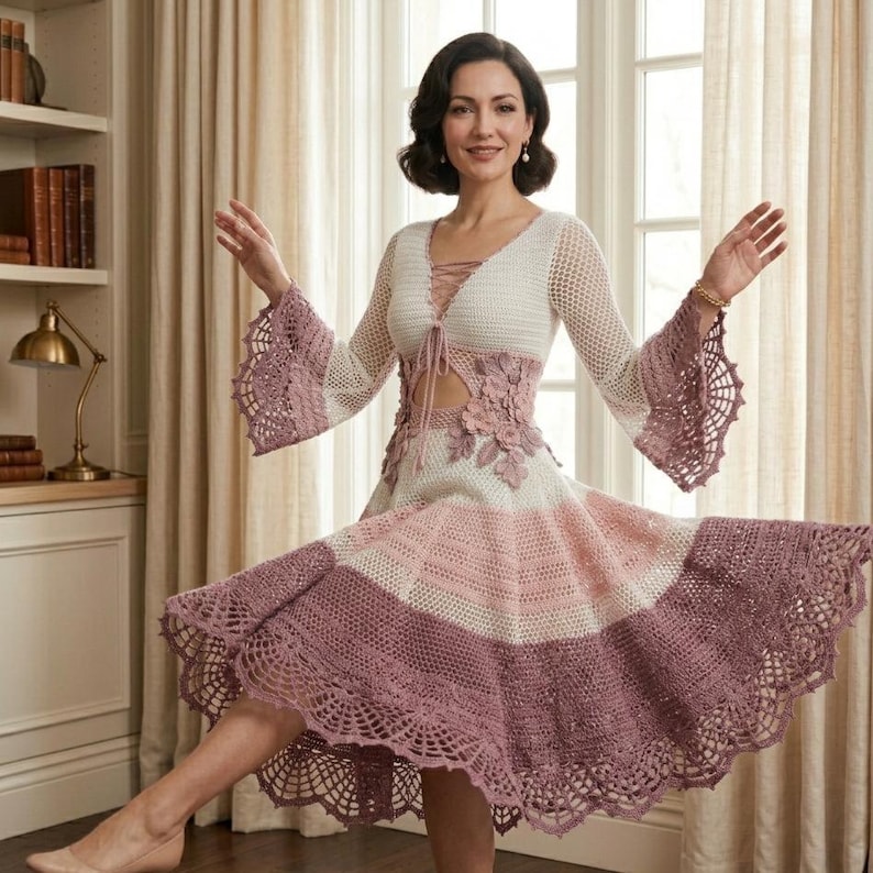 Op de afbeelding: Een handgemaakte gehaakte jurk in wit, roze en mauve. De jurk heeft lange mouwen met uitlopende manchetten, een V-hals en een bloemenontwerp in de taille. De rok heeft een gelaagd ontwerp met een geschulpte zoom.