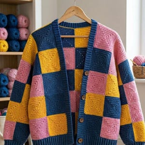 May include: A long-sleeve cardigan made of crocheted granny squares in a repeating pattern of navy blue, mustard yellow, and dusty pink. The garment features a V-neckline, a ribbed navy blue button placket with four brown buttons, and ribbed cuffs.