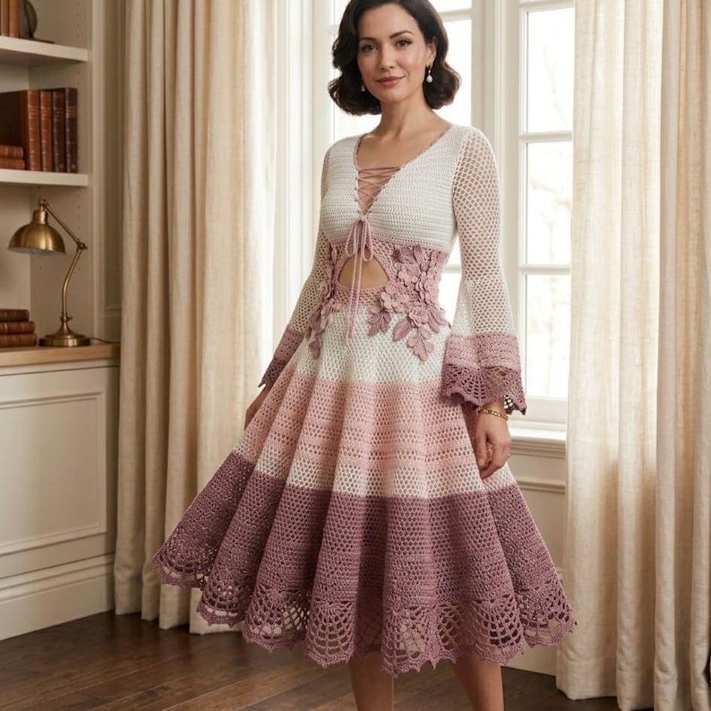 Op de afbeelding: Een handgemaakte gehaakte jurk in wit, roze en mauve. De jurk heeft een V-hals met een veterdetail, lange mouwen met uitlopende manchetten en een volle rok. Het lijfje is versierd met bloemenapplicaties en de rok heeft horizontale strepen.
