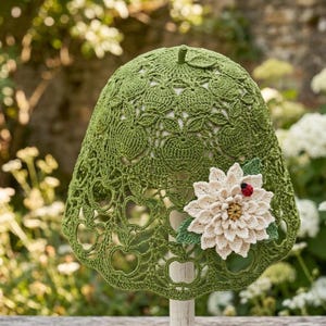 May include: A green crochet hat featuring an intricate openwork pattern of apple shapes throughout the fabric. A large, layered cream-colored crocheted flower with green leaves and a small red ladybug accent is attached to the side of the hat.