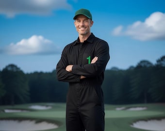 Custom Black Golf Caddy Jumpsuit with Name & Number | Personalized Men's Golf Costume