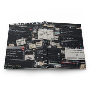 May include: A hardcover journal featuring a dark, chaotic digital collage of computer desktop windows, error messages, and sticky notes. The cover displays text including "CHRONICALLY ONLINE," "DO NOT SLEEP," "LOW BATTERY: 4%," and various file names.
