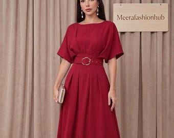 Elegantes Midikleid mit Gürtel, plissierte A-Line-formale Anlasskleidung