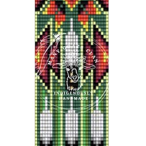 May include: A beaded design with a green, white, and red color scheme. The design features a repeating pattern of geometric shapes. The design is framed by a border of red, white, and green beads. The design is labeled "Many Goats Clan" and "Indigenously Handmade".