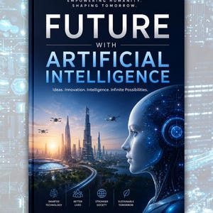May include: A book cover titled FUTURE WITH ARTIFICIAL INTELLIGENCE. The cover features a profile of a robotic human head, a futuristic city skyline at sunset with flying drones, and text including EMPOWERING HUMANITY, SHAPING TOMORROW, and THE FUTURE IS INTELLIGENT.