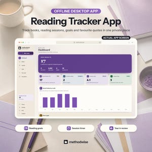 May include: A digital reading tracker app interface displayed on a screen, featuring a dashboard with purple data cards, charts, and statistics. The text reads Reading Tracker App, Offline Desktop App, and Actual App Screen.