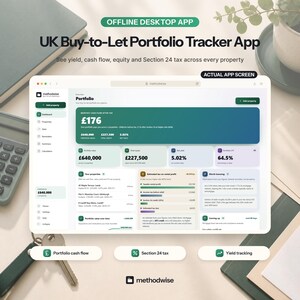 May include: A digital interface for the UK Buy-to-Let Portfolio Tracker App, displaying a dashboard with financial metrics like monthly cash flow, portfolio value, total equity, net yield, and Section 24 tax calculations for various properties.