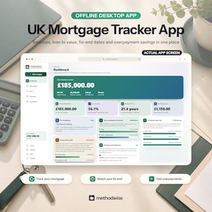 May include: A digital dashboard for the UK Mortgage Tracker App displayed on a screen, featuring an outstanding balance of £185,000.00, loan-to-value metrics, monthly payment details, fix countdowns, and overpayment scenarios in a clean, organised interface.