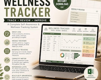Wellness Tracker Spreadsheet | Symptom Tracker, Self Awareness Journal & Reflection Tool