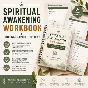 May include: A spiral-bound Spiritual Awakening Workbook with a cream cover, green watercolor accents, and a lotus icon. The workbook includes pages for a Daily Energy Journal, Capacity Check-In, and Post-Surge Integration, featuring text prompts for grounding, reflection, and emotional resilience.