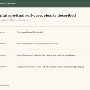 May include: A digital information card with a cream background and dark green header. Text includes: PLEASE READ BEFORE PURCHASING, Digital spiritual self-care, clearly described, A calm product should also be an honest one, DIGITAL ONLY, PERSONAL USE, WELLNESS NOTE, AI DISCLOSURE, and ENERGY SURGE METHOD.