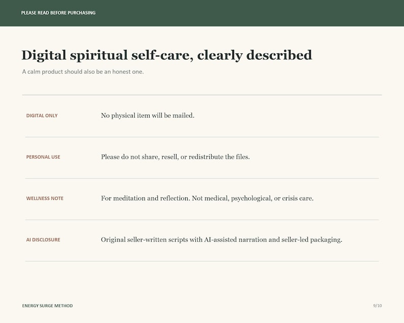 May include: A digital information card with a cream background and dark green header. Text includes: PLEASE READ BEFORE PURCHASING, Digital spiritual self-care, clearly described, A calm product should also be an honest one, DIGITAL ONLY, PERSONAL USE, WELLNESS NOTE, AI DISCLOSURE, and ENERGY SURGE METHOD.