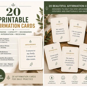 K&ouml;nnte beinhalten: Ein Set aus 20 druckbaren Affirmationskarten auf cremefarbenem Papier mit dunkelgr&uuml;nem und goldenem Text. Die Karten zeigen Begriffe wie Grounding, Capacity und Boundaries, verziert mit kleinen Blattsymbolen und d&uuml;nnen Rahmenlinien.