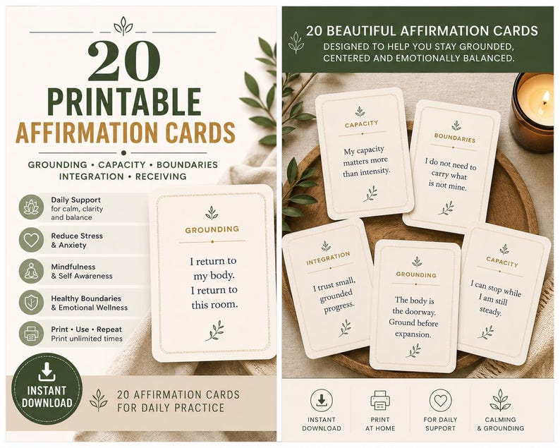 K&ouml;nnte beinhalten: Ein Set aus 20 druckbaren Affirmationskarten auf cremefarbenem Papier mit dunkelgr&uuml;nem und goldenem Text. Die Karten zeigen Begriffe wie Grounding, Capacity und Boundaries, verziert mit kleinen Blattsymbolen und d&uuml;nnen Rahmenlinien.