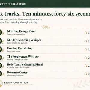 May include: A digital track list titled Inside the Collection featuring six audio tracks with durations. The list includes Morning Energy Reset, Midday Centering Whisper, Evening Reclaiming, The Forgiveness Whisper, Body Temple Opening Ritual, and Return to Center.