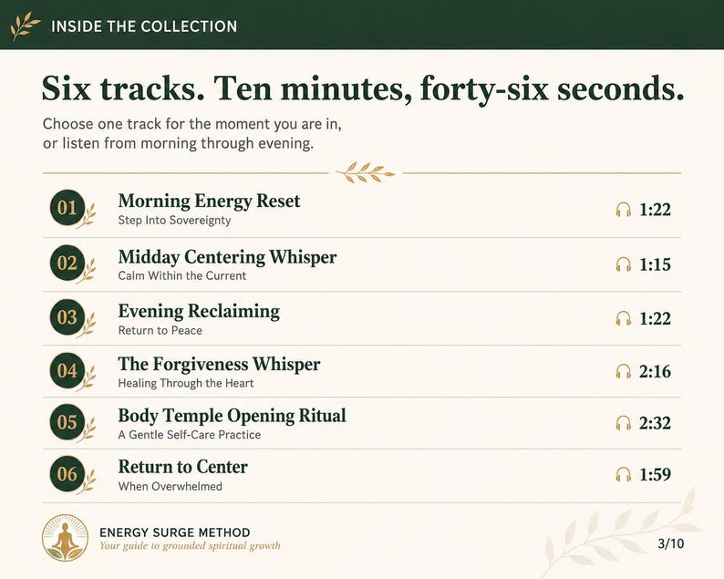 May include: A digital track list titled Inside the Collection featuring six audio tracks with durations. The list includes Morning Energy Reset, Midday Centering Whisper, Evening Reclaiming, The Forgiveness Whisper, Body Temple Opening Ritual, and Return to Center.