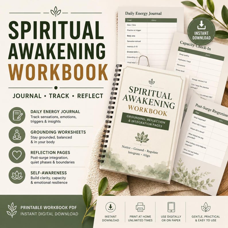May include: A spiral-bound Spiritual Awakening Workbook with a cream cover, green watercolor accents, and a lotus icon. The workbook includes pages for a Daily Energy Journal, Capacity Check-In, and Post-Surge Integration, featuring text prompts for grounding, reflection, and emotional resilience.