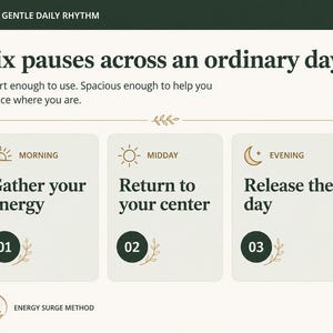 May include: An informational graphic titled A GENTLE DAILY RHYTHM and Six pauses across an ordinary day. It features three sections labeled Morning, Midday, and Evening with the text Gather your energy, Return to your center, and Release the day.