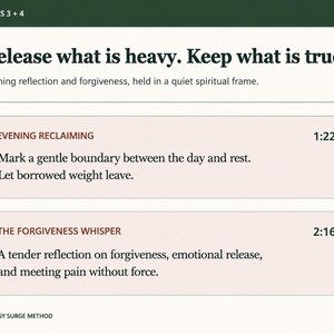 May include: A digital document titled Tracks 3 + 4 featuring the text Release what is heavy. Keep what is true. It lists Evening Reclaiming at 1:22 and The Forgiveness Whisper at 2:16 with descriptive text for each track and Energy Surge Method at the bottom.