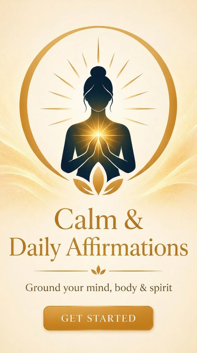 K&ouml;nnte beinhalten: Eine digitale Grafik mit der Silhouette einer Person, deren H&auml;nde vor der Brust ein goldenes Licht ausstrahlen. Der Text lautet: Calm & Daily Affirmations, Ground your mind, body & spirit, sowie ein goldener Button mit GET STARTED.