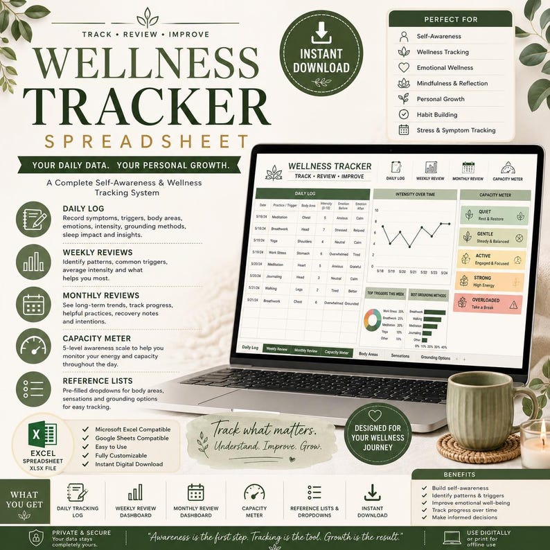 Wellness Tracker Spreadsheet | Symptom Tracker, Self Awareness Journal & Reflection Tool image 3