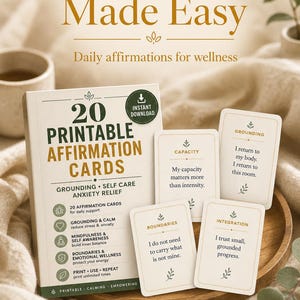 K&ouml;nnte beinhalten: Ein Set aus 20 druckbaren Affirmationskarten f&uuml;r Selbstf&uuml;rsorge, Erdung und Angstlinderung. Das Produkt enth&auml;lt eine Deckkarte und einzelne Karten mit Texten wie Kapazit&auml;t, Erdung, Grenzen und Integration sowie botanischen Symbolen.