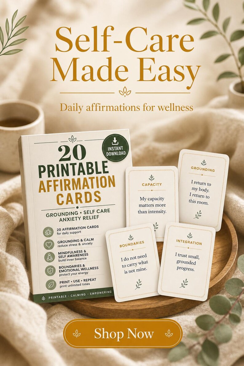 K&ouml;nnte beinhalten: Ein Set aus 20 druckbaren Affirmationskarten f&uuml;r Selbstf&uuml;rsorge, Erdung und Angstlinderung. Das Produkt enth&auml;lt eine Deckkarte und einzelne Karten mit Texten wie Kapazit&auml;t, Erdung, Grenzen und Integration sowie botanischen Symbolen.