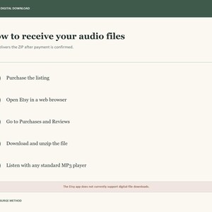 May include: An instructional graphic titled How to receive your audio files with a dark green header and footer. It lists five numbered steps for downloading digital files from Etsy, including a note that the Etsy app does not support downloads.