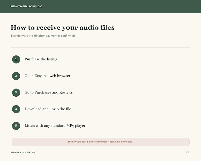 May include: An instructional graphic titled How to receive your audio files with a dark green header and footer. It lists five numbered steps for downloading digital files from Etsy, including a note that the Etsy app does not support downloads.